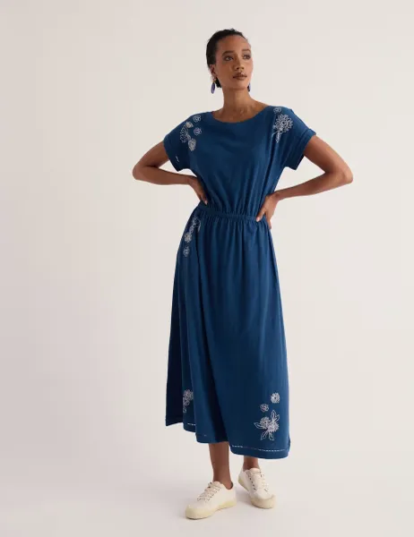 Seasalt Cornwall Pure Cotton Embroidered Midi Waisted Dress Navy Mix