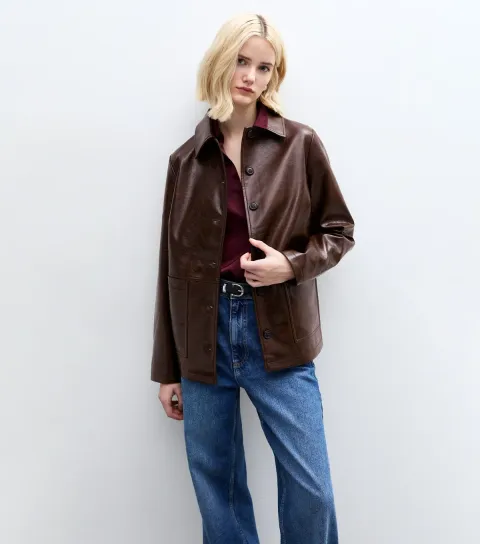 Women's Brown Button Up Faux Leather Jacket