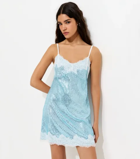 Women's Light Blue Sequinned Lace Strappy Mini Dress