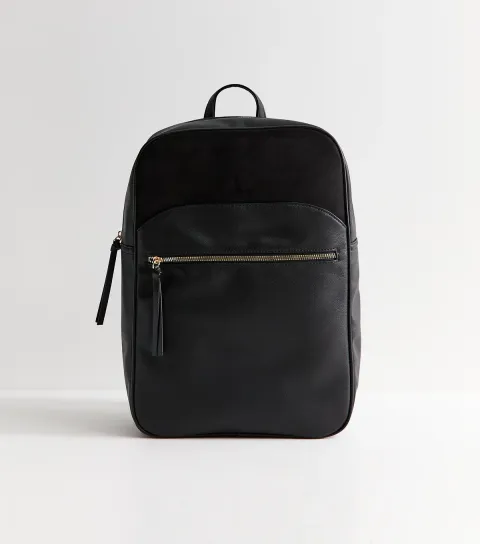 Black Faux Leather Rectangle Zip Pocket Backpack Vegan
