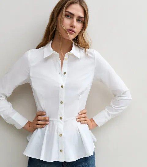 New Look Women's White Cotton Rich Peplum Long Sleeve Shirt