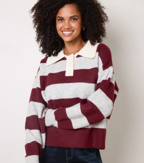 Blue Vanilla Women's Dark Burgundy Striped Knitted Polo Jumper