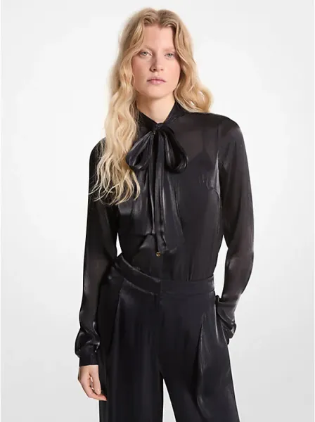 Crinkled Metallic Georgette Tie-Neck Blouse