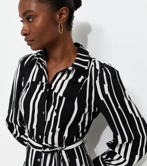 Women's Black Striped Belted Midi Shirt Dress