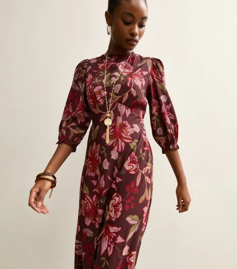 Women's Purple Floral Cropped Sleeve MIdi Dress