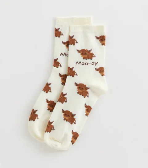 Cream Moo-Dy Highland Cow Pattern Socks