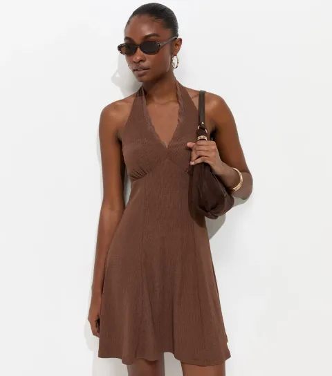 Women's Dark Brown Lace Trim Halter Neck Mini Dress