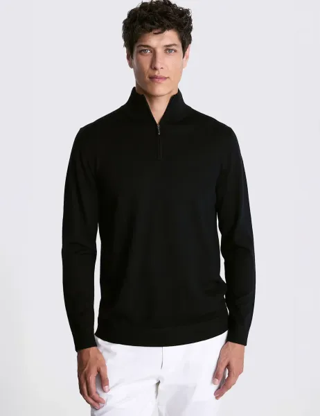 Moss Merino Wool Rich Funnel Neck Zip Jumper Black