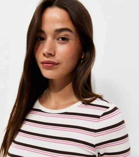Women's Cream Cotton Rich Striped Long Sleeve Baby Tee T-Shirt
