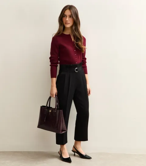 Women's Petite Black D-Ring Belted Paperbag Trousers