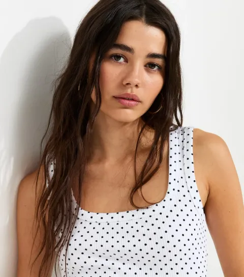 Women's White Cotton Rich Spot Print Square Neck Vest Top