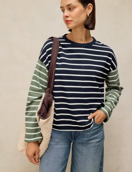 White Stuff Pure Cotton Striped Crew Neck T-Shirt Navy Mix
