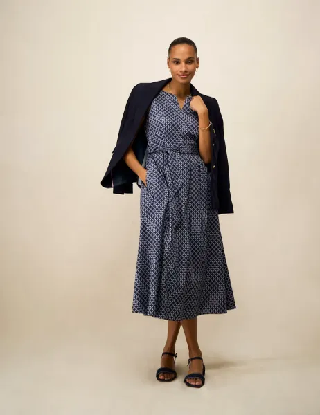 Cotton Rich Geometric Notch Neck Midi Dress Navy