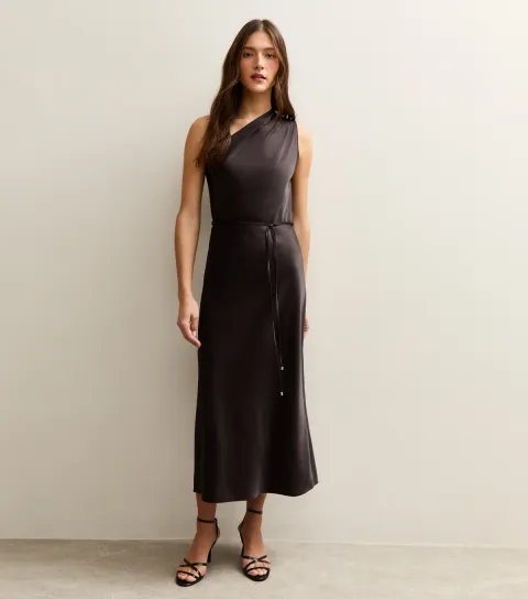 Women's Dark Brown Satin One Shoulder Tie Waist Dress