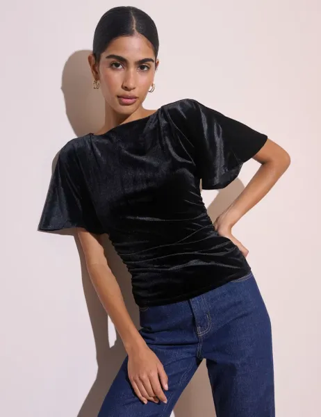 Nobody's Child Velvet Ruched Angel Sleeve Top