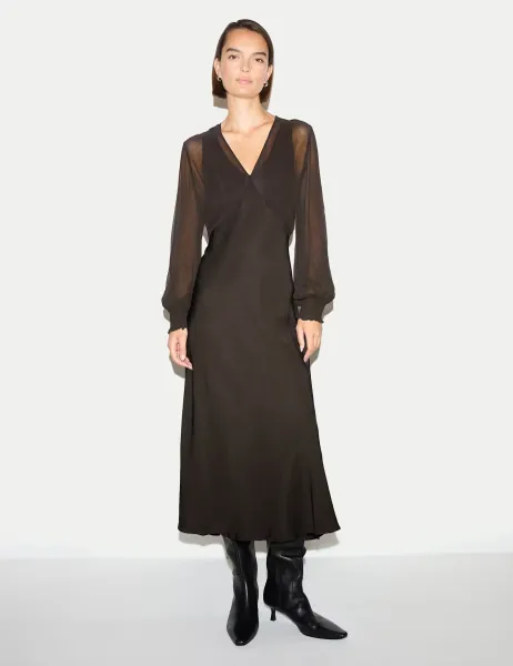 Jigsaw Long Sleeve Bias Midi Dress Brown