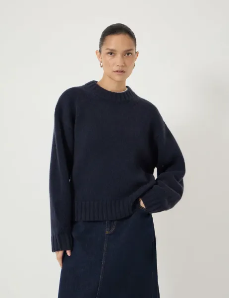 HUSH Pure Cashmere Textured Crew Neck Jumper Navy