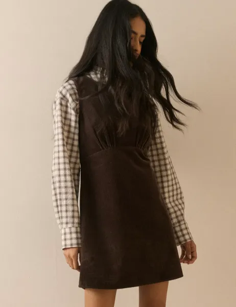 Nobody's Child Pure Cotton Cord Mini Relaxed Shift Dress Brown