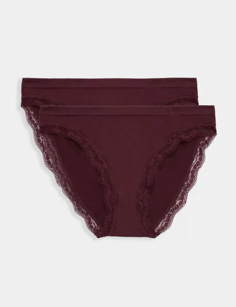 Marks & Spencer 2 Pack Jasmine Lace Seamless High Leg Knickers Dark Wine