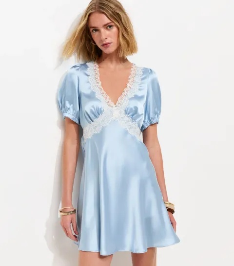 Women's Light Blue Satin Lace Trim Mini Dress