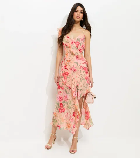 Women's Pink Floral Chiffon Ruffled Midi Dress