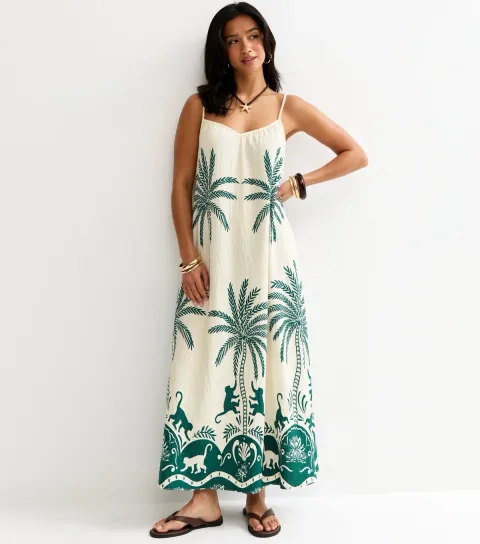 Women's Petite White Palm Pattern Beach Maxi Dress