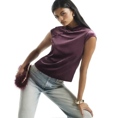 River Island Burgundy Stand Up Collar Button Velvet Top