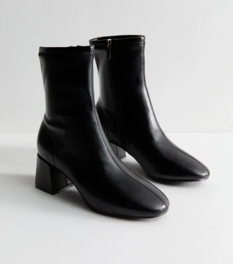 Women's Black Faux Leather Block Heel Ankle Boots Vegan