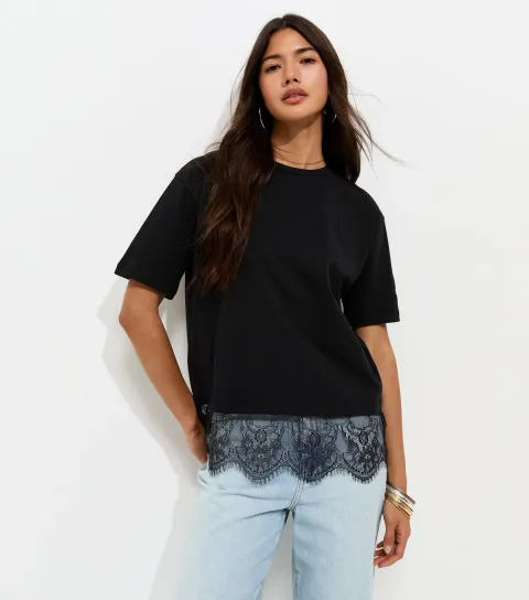 Women's Black Lace Hem Boxy T-Shirt