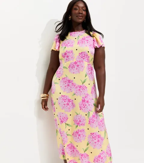 Women's Plus Size Yellow Hydrangea Spot Print Flutter Sleeve Midi Dress Curves