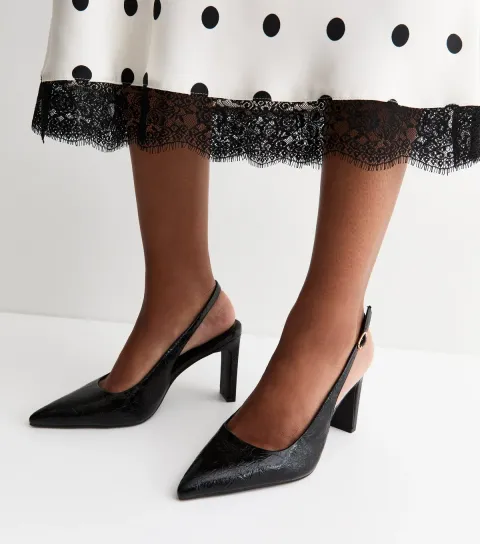 Women's Black Patent Crinkled Faux Leather Slingback Court Shoes Vegan