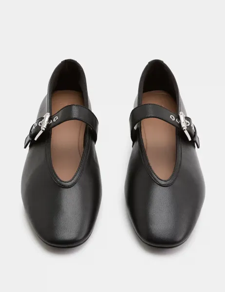 Marks & Spencer Leather Flat Round Toe Mary Jane Ballet Pumps Black