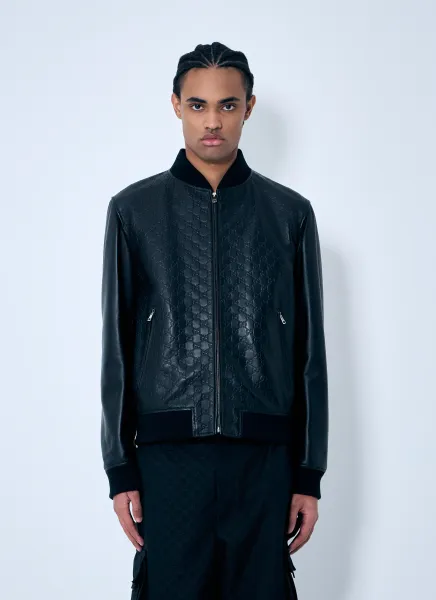 Embossed GG Leather Bomber Jacket