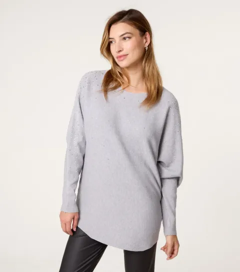 Women's Grey Embellished Batwing Sleeve Jumper