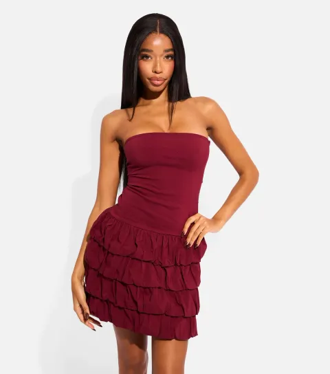 Public Desire Women's Dark Burgundy Bandeau Ruffle Skirt Mini Dress