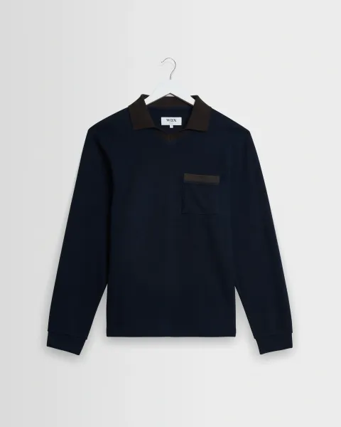 Pendal - Navy and Brown Long-Sleeve Organic Cotton Polo