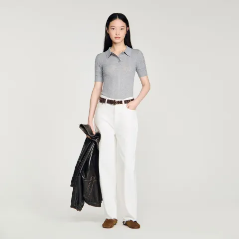Pointelle polo-neck wool jumper