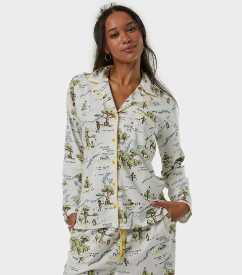 Skinnydip Women's White Cotton Winnie Pooh Long Sleeve Pyjama Set with Scrunchie