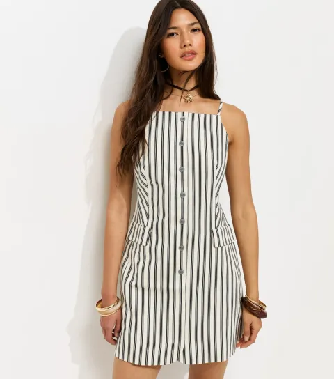 Women's Cream Striped Button Through Mini Cami Dress
