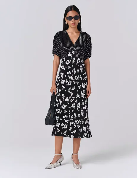 Ghost Floral V-Neck Midi Tea Dress Black Mix