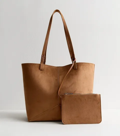 New Look Tan Panelled Faux Suede and Leather Tote and Pouch