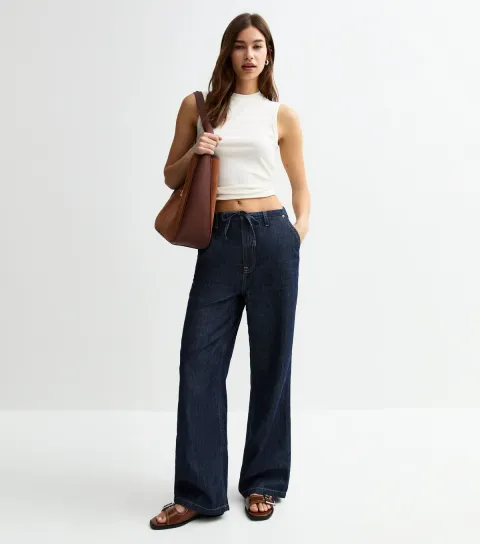 Women's Navy Drawstring Waist Wide Leg Denim Trousers