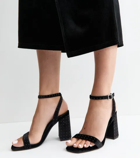 New Look Women's Black Velvet Diamanté Block Heel Sandals Vegan