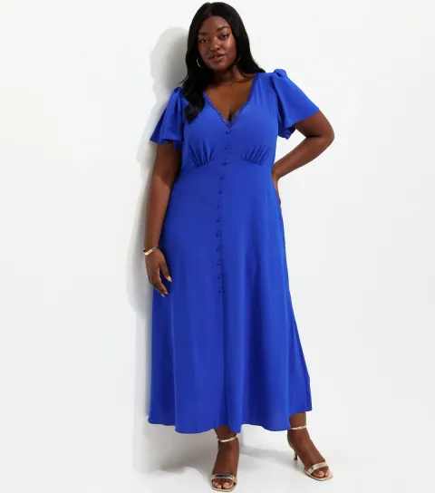 Women's Plus Size Bright Blue Lace Trim Midi Tea Dress Curves