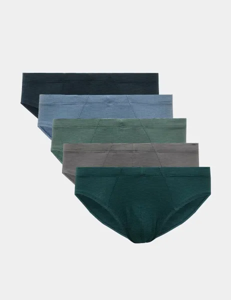 Marks & Spencer 5 Pack StayNew Pure Cotton Striped Briefs Teal Mix