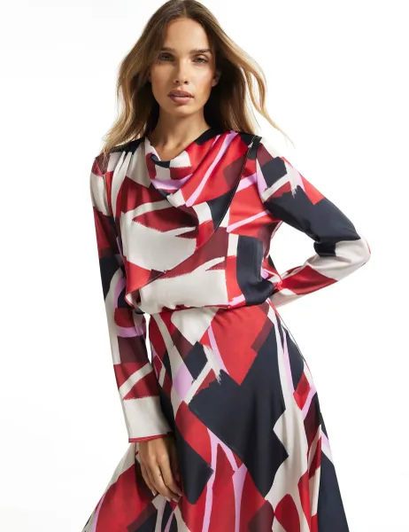 River Island Colour Block Cowl Neck Slim Fit Draped Top Red Mix