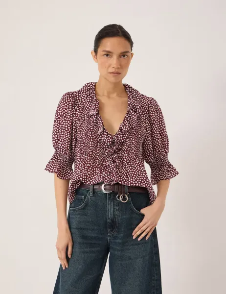 HUSH Spot Print V-Neck Relaxed Ruffle Blouse Blue Mix