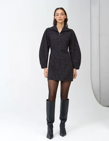French Connection Textured Funnel Neck Mini Shift Dress Black