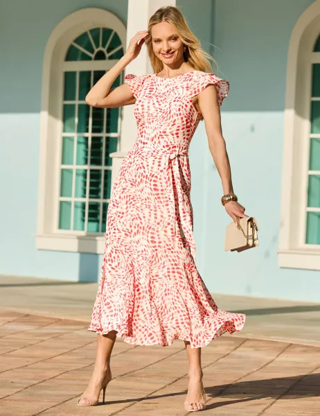 SOSANDAR Printed Midaxi Waisted Dress Red Mix