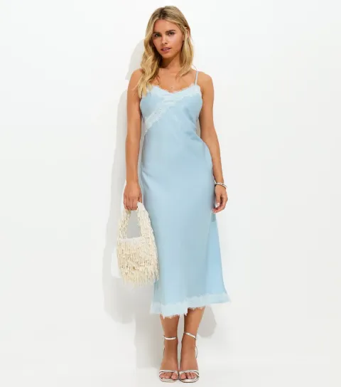 Women's Petite Light Blue Contrast Lace Trim Strappy Midi Dress